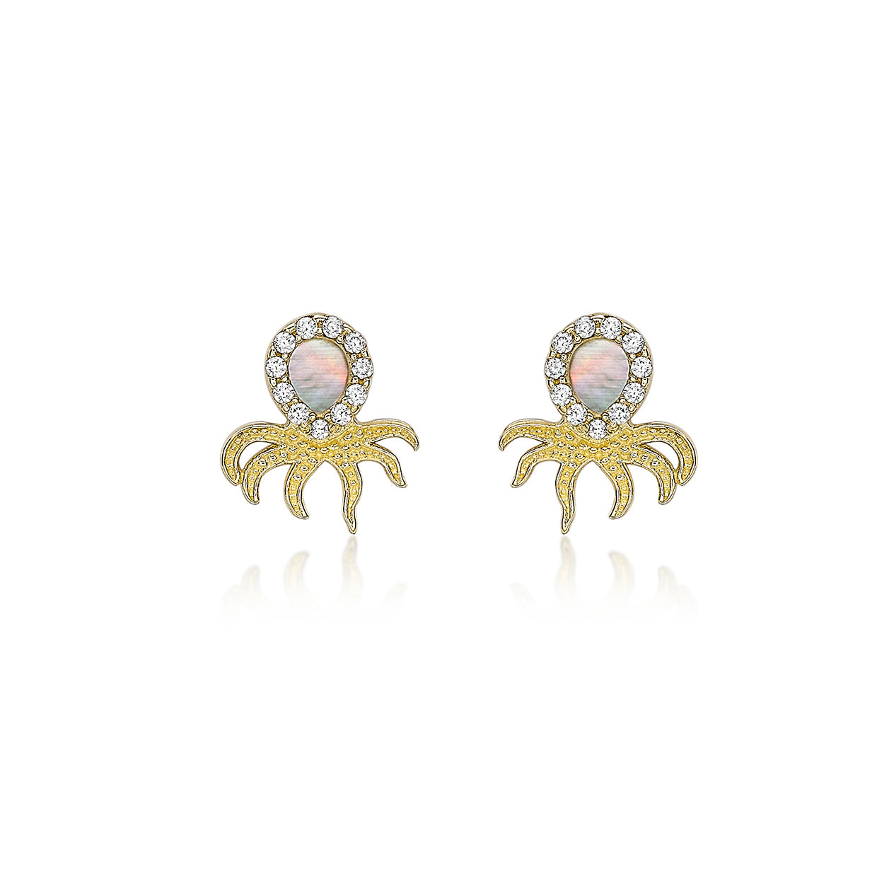 9ct Yellow Gold Mother Of Pearl & Zirconia Octopus Stud Earrings