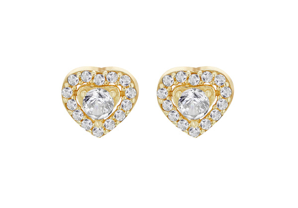9ct Yellow Gold White Zirconia Halo Heart Stud Earrings