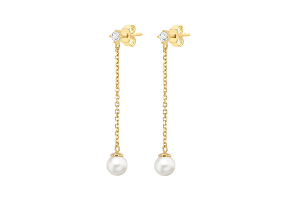 9ct Yellow Gold White Zirconia and Pearl Chain Drop Stud Earrings