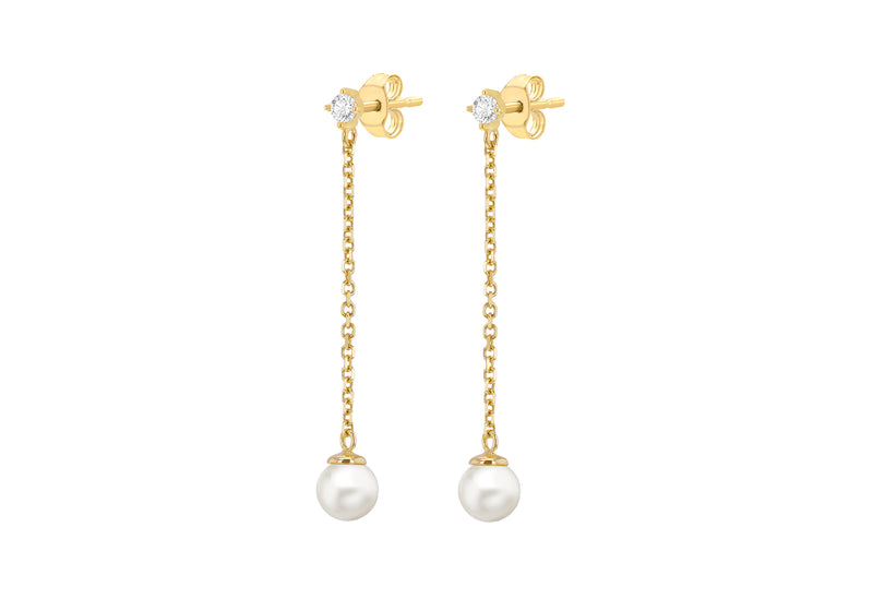 9ct Yellow Gold White Zirconia and Pearl Chain Drop Stud Earrings