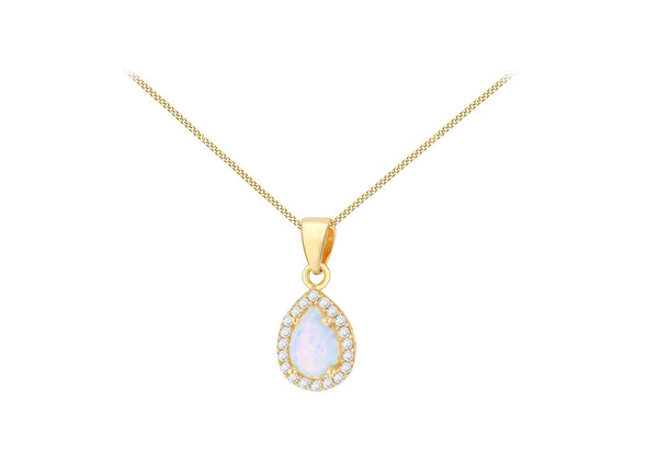 9ct Yellow Gold Opal and White Zirconia Teardrop Halo Pendant