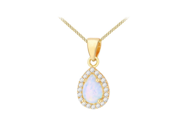 9ct Yellow Gold Opal and White Zirconia Teardrop Halo Pendant