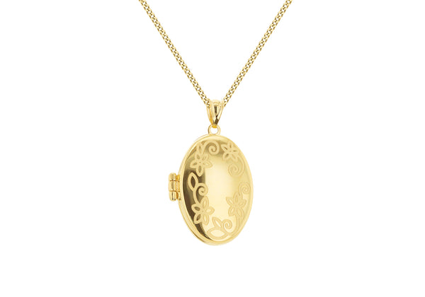 9ct Yellow Gold Flower Etched Oval Locket Pendant
