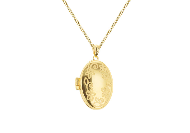 9ct Yellow Gold Flower Engraved Oval Locket Pendant
