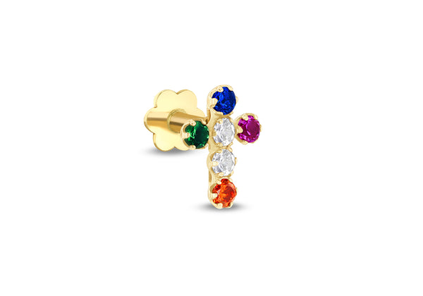 9ct Yellow Gold Multi Coloured Zirconia Cross Labret Stud