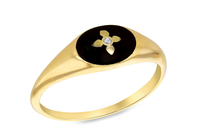 9ct Yellow Gold 0.05ct Diamond Black Enamel Ring