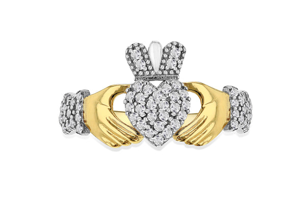 9ct Yellow Gold Zirconia Heart & Crown Claddagh Ring