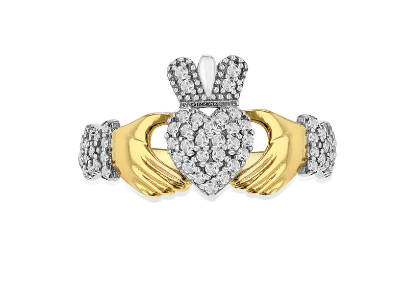 9ct Yellow Gold Zirconia Heart & Crown Claddagh Ring