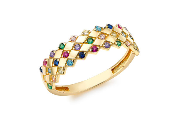 9ct Yellow Gold Rhombus Rainbow Zirconia Ring