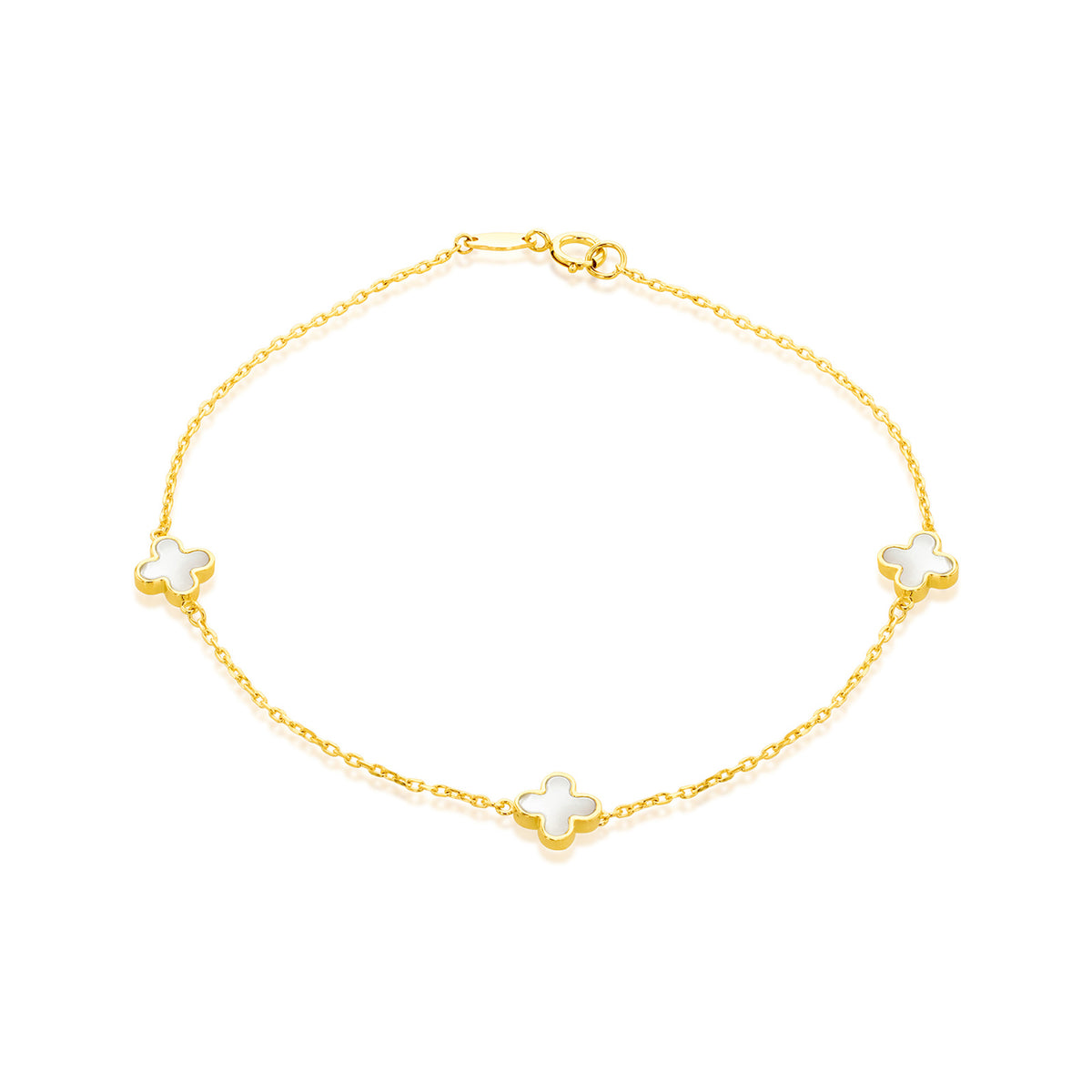 A delicate gold chain bracelet featuring three white clover-shaped charms set with small clear stones, displayed on a clean white background.