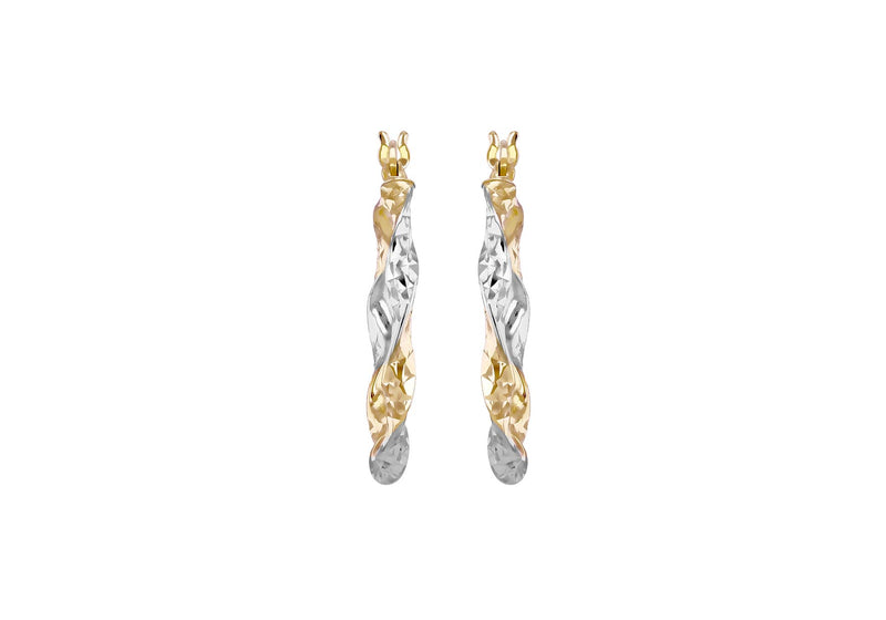 9ct Yellow Gold Two-Tone Gold Diamond Cut Twirl Hoop Earrings