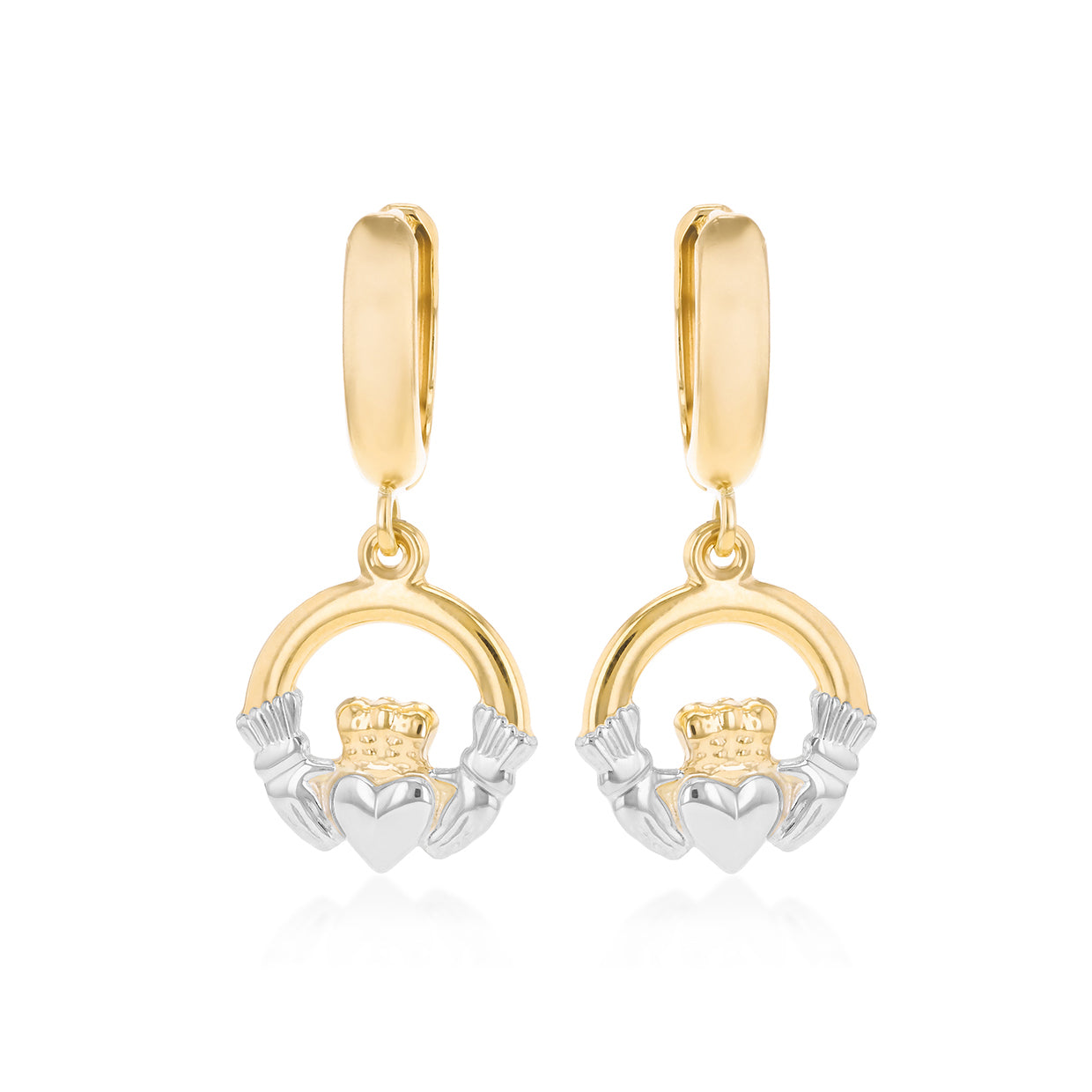9ct Two-Tone Gold Hoop & Claddagh Drop Earrings