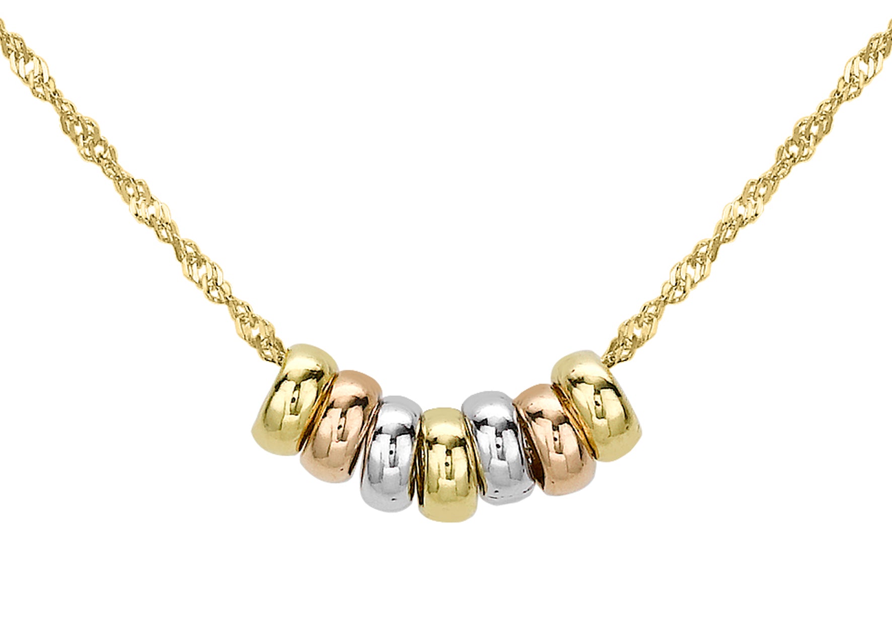 9ct Tri-Colour Gold Mini 7 Lucky Rings Pendant Twist Chain Necklace