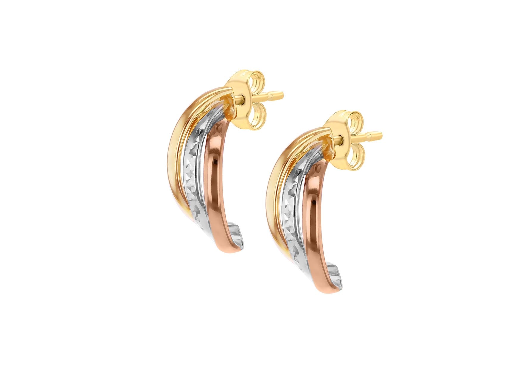 9ct Triple-Tone Gold Crescent Stud Earrings
