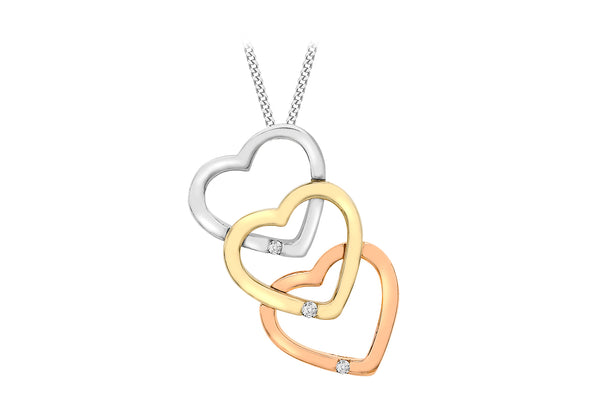 9ct 3-Tone Gold Zirconia Set Triple-Heart Slider Pendant