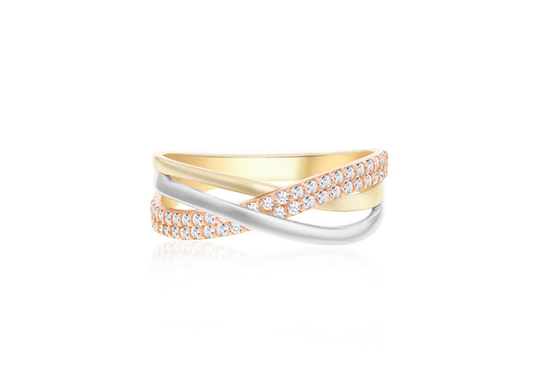 9ct Triple-Tone Gold Zirconia Crossover Ring