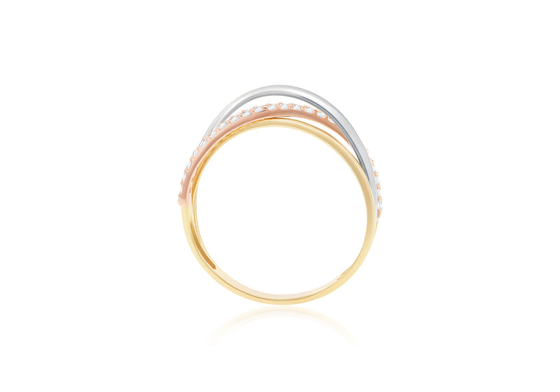 9ct Triple-Tone Gold Zirconia Crossover Ring