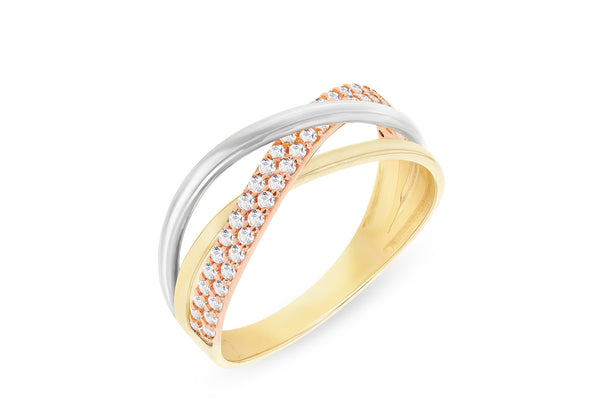 9ct Triple-Tone Gold Zirconia Crossover Ring