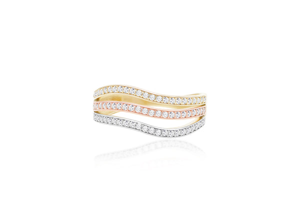 9ct Triple-Tone Gold Zirconia Wave Ring