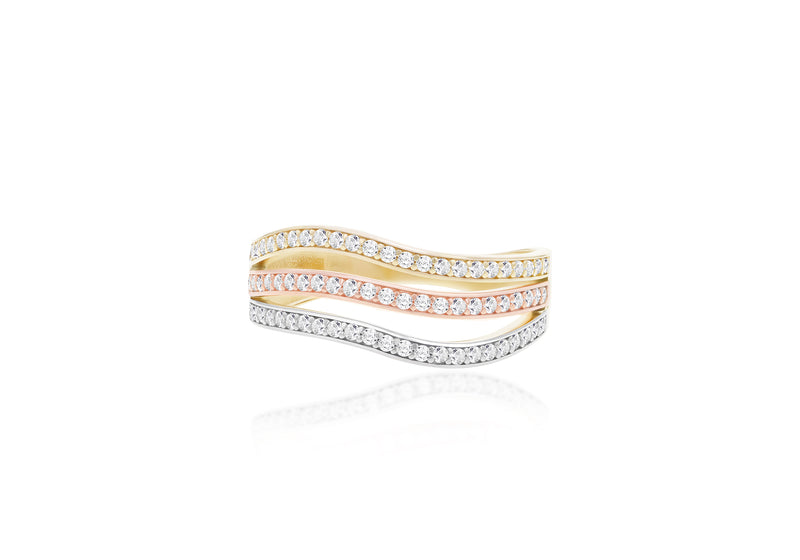 9ct Triple-Tone Gold Zirconia Wave Ring