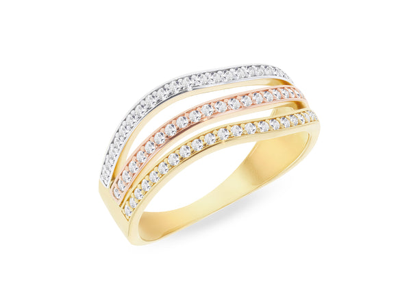 9ct Triple-Tone Gold Zirconia Wave Ring