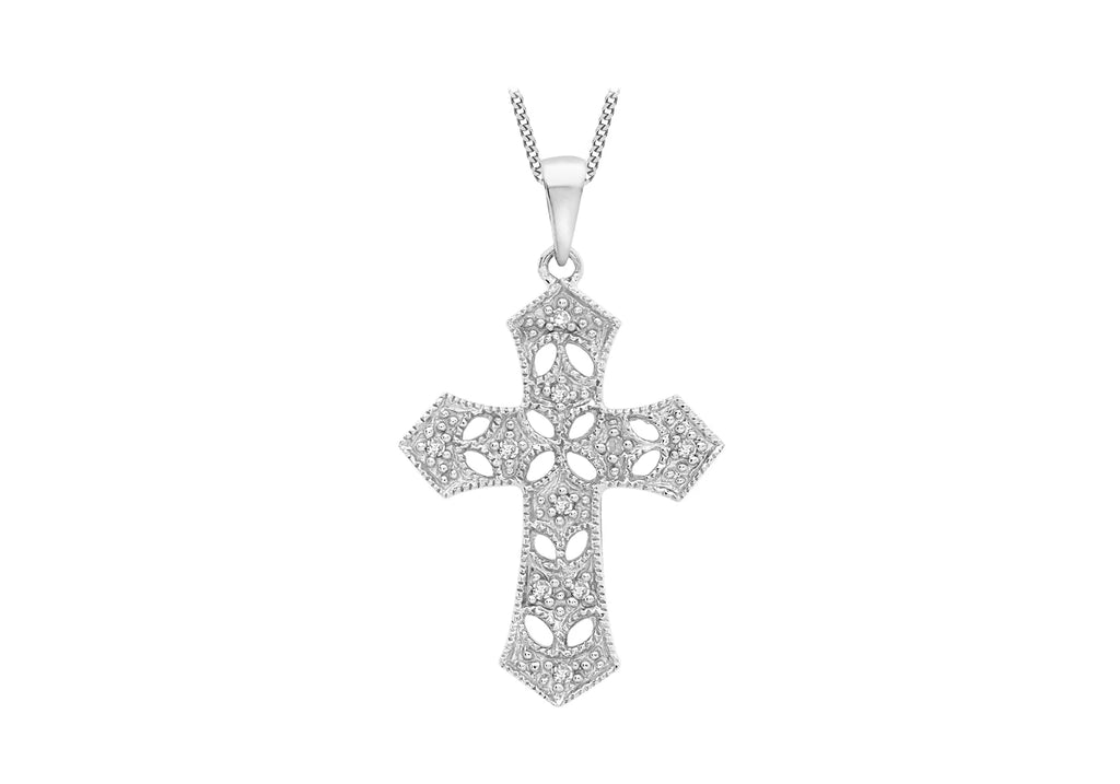 9ct White Gold 0.05ct Diamond Filigree Cross Pendant