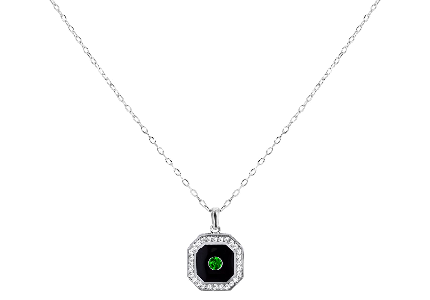 9ct White Gold Emerald & 0.28ct Diamond Octagon Necklace