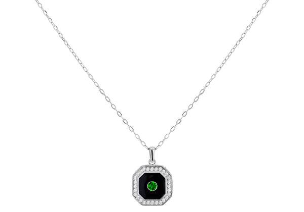 9ct White Gold Emerald & 0.28ct Diamond Octagon Necklace