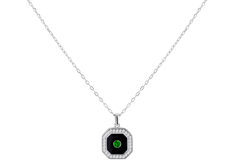 9ct White Gold Emerald & 0.28ct Diamond Octagon Necklace