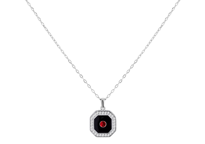 9ct White Gold Ruby and 0.28ct Diamond Black Octagon Necklace
