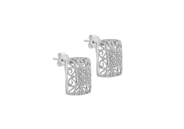 9ct White Gold 0.10ct Diamond Filigree Openwork Stud Earrings