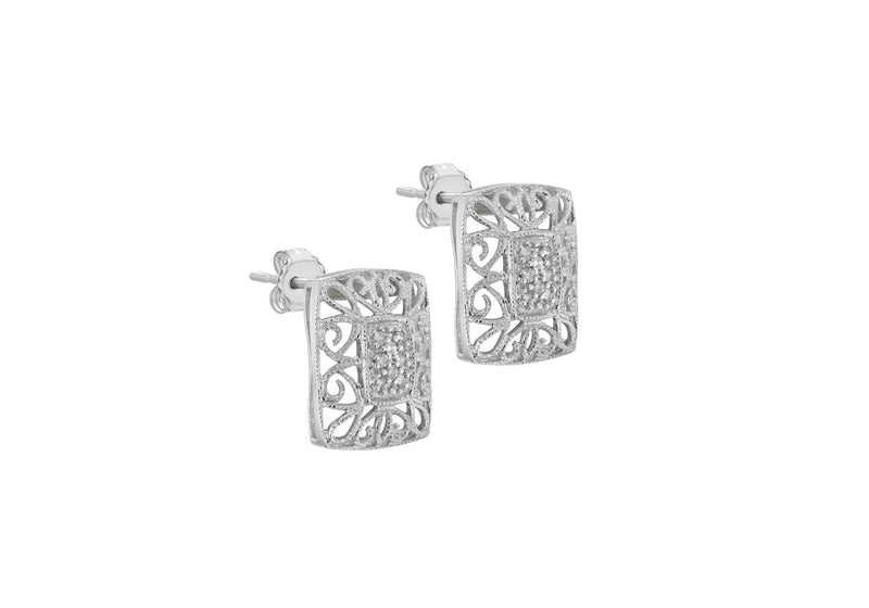 9ct White Gold 0.10ct Diamond Filigree Openwork Stud Earrings