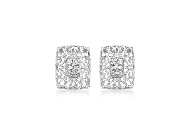 9ct White Gold 0.10ct Diamond Filigree Openwork Stud Earrings