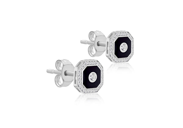 9ct White Gold 0.06ct & 0.56ct Diamond Black Octagon Stud Earrings