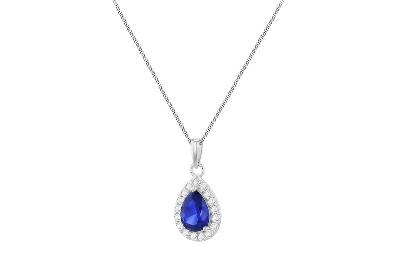9ct White Gold White & Sapphire Blue Zirconia Teardrop Pendant