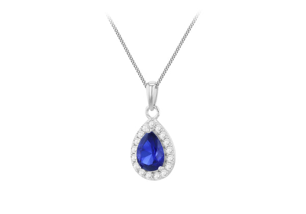 9ct White Gold White & Sapphire Blue Zirconia Teardrop Pendant