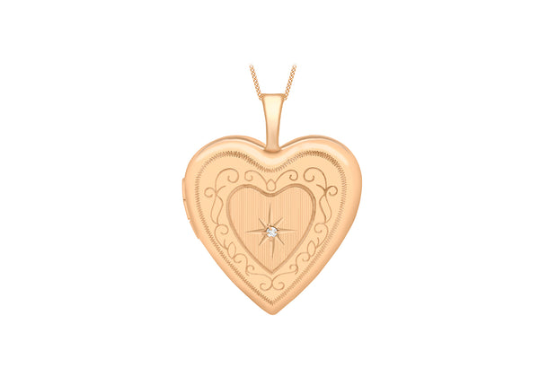9ct Rose Gold 0.01ct Diamond Set Etched Heart Locket