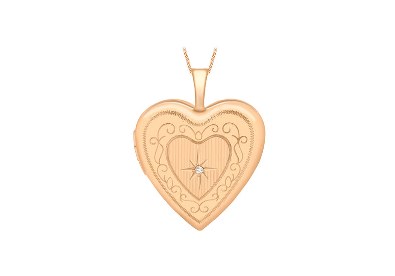 9ct Rose Gold 0.01ct Diamond Set Etched Heart Locket