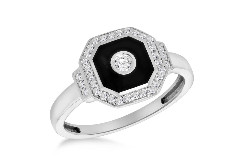 9ct White Gold 0.05ct & 0.34ct Diamond Black Octagon Ring
