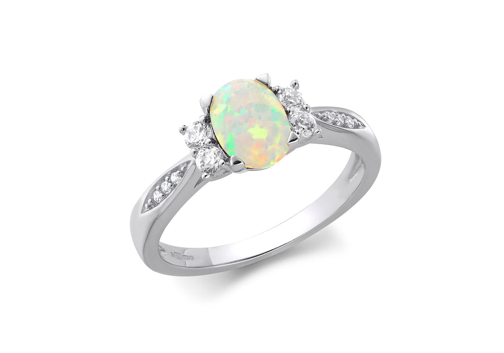 9ct White Gold Zirconia & Opal Shoulder Ring