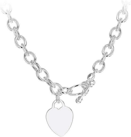 Sterling Silver Heart Charm Oval Belcher T-Bar Necklace