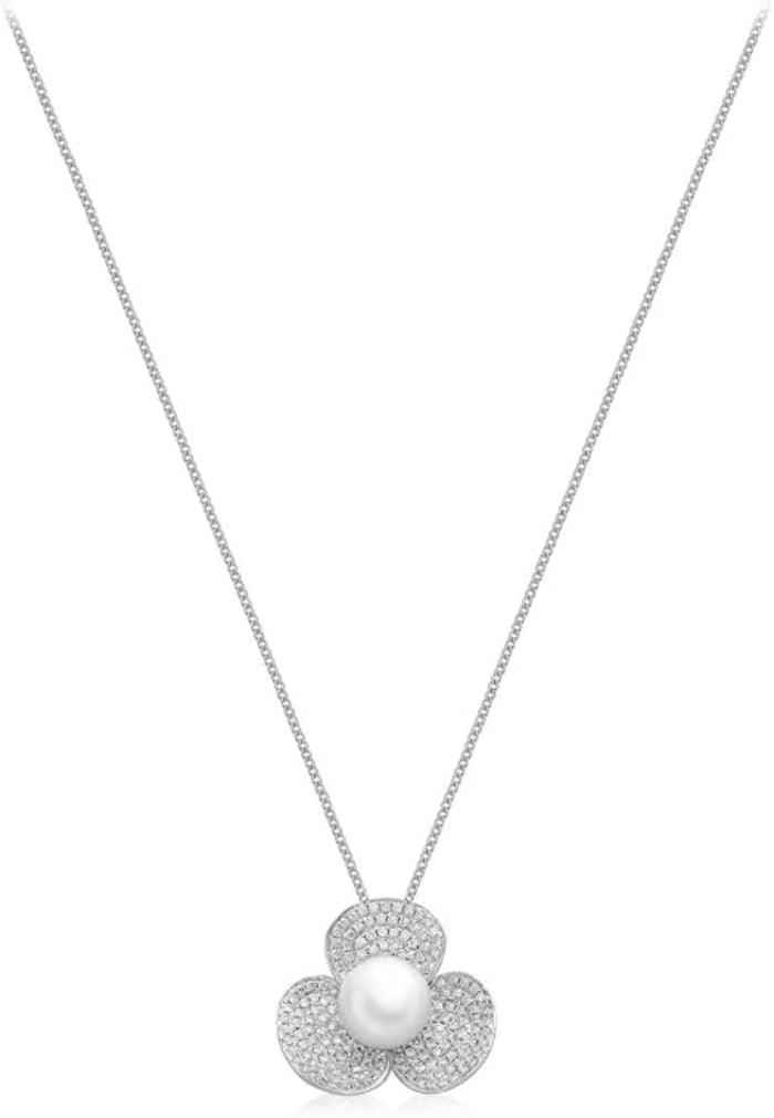 18ct White Gold 0.75ct Diamond and Freshwater Pearl Flower Pendant