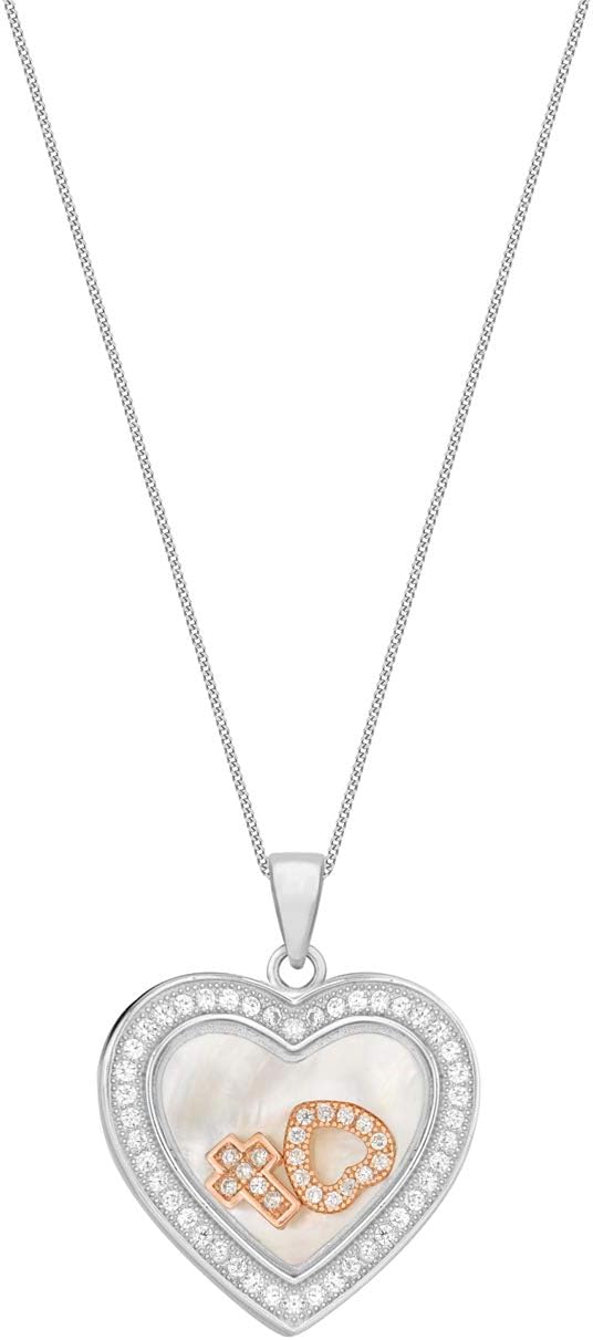 Sterling Silver Zirconia Mother of Pearl Heart & Cross Charm Pendant