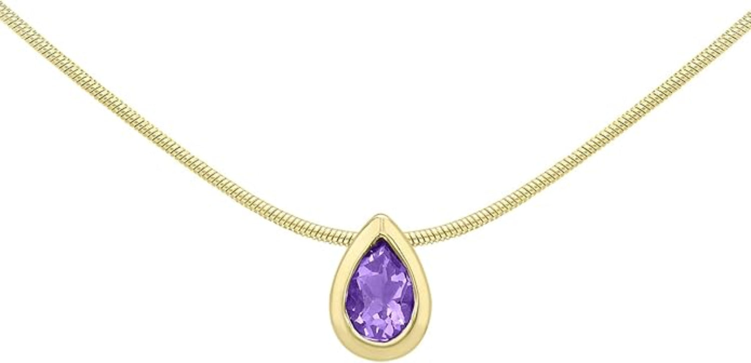 9ct Yellow Gold Amethyst Teardrop Slider Pendant on Snake Chain