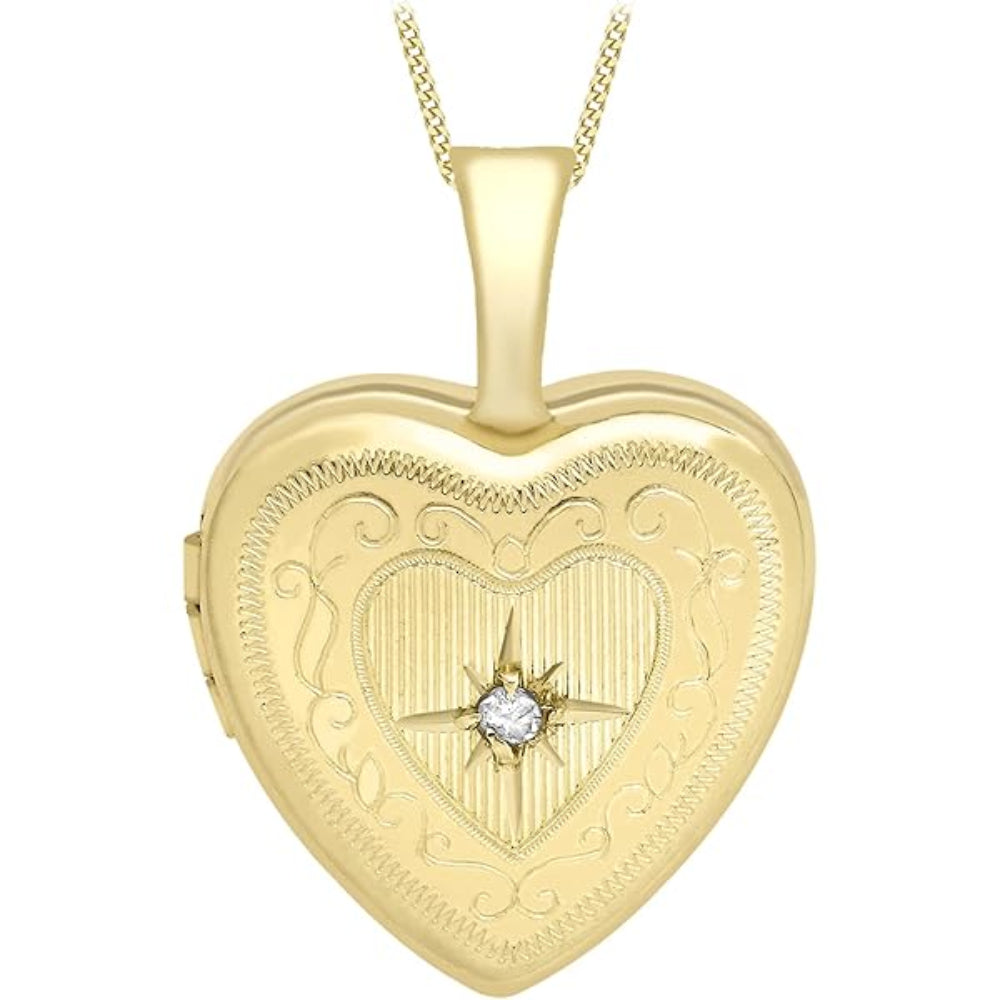 9ct Yellow Gold Small 0.01ct Diamond Set Etched Heart Locket