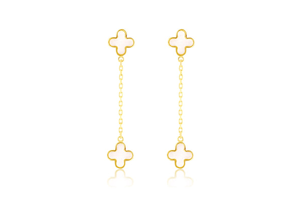 18ct Yellow Gold Mother Of Pearl Clover Petal Drop Stud Earrings