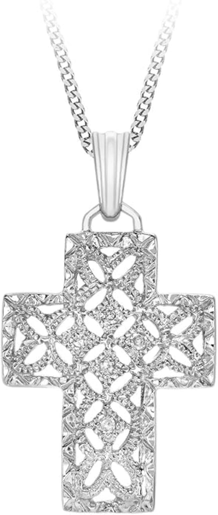 9ct White Gold 0.04ct Diamond Geometric Lattice Filigree Cross Pendant
