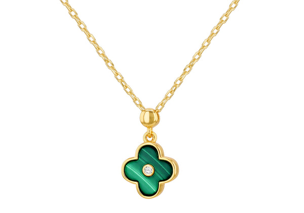 Gold Plated Sterling Silver Clover Malachite Zirconia Pendant