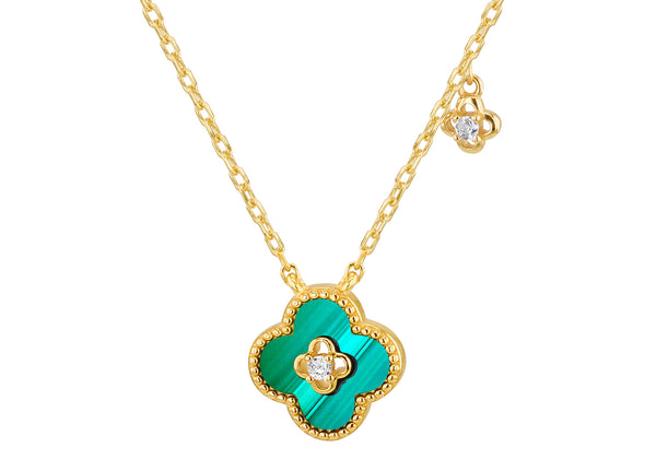 Gold Plated Sterling Silver Clover Malachite Zirconia Pendant