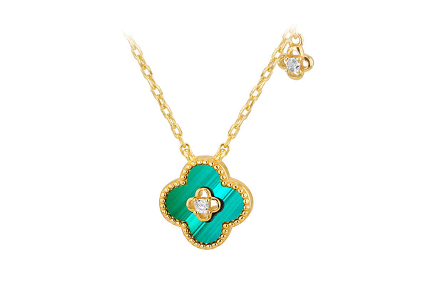 Gold Plated Sterling Silver Clover Malachite Zirconia Pendant